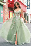 Green A Line Tulle Sequin Applique Corset Long Formal Dress with Slit
