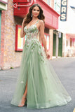 Green A Line Tulle Sequin Applique Corset Long Formal Dress with Slit