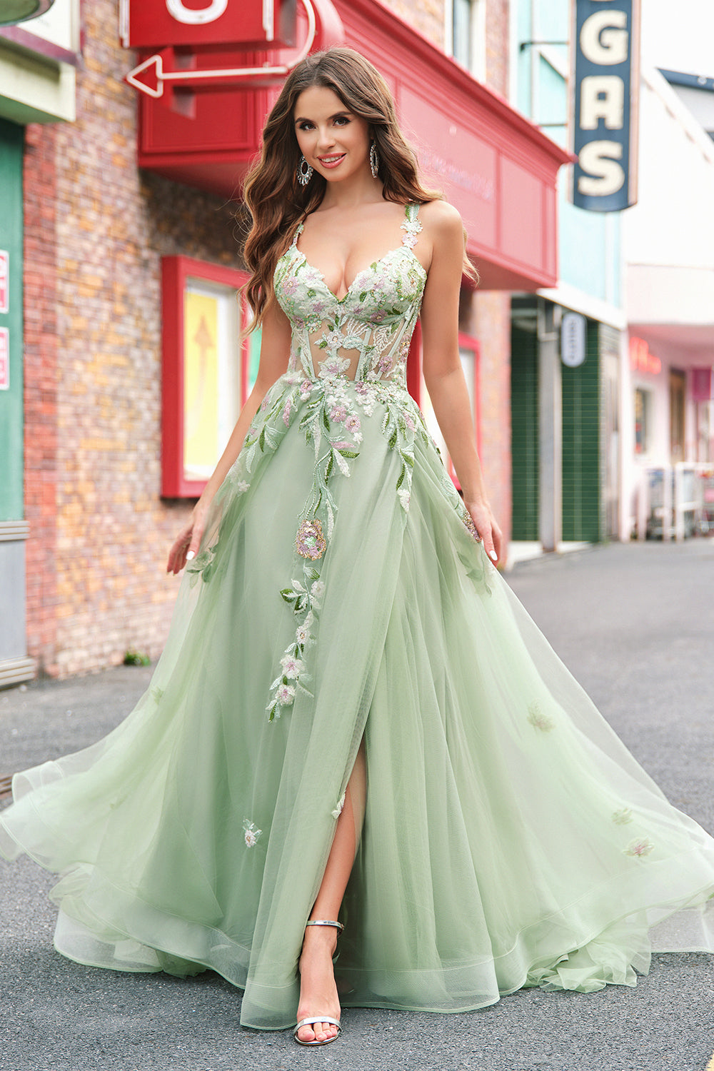 Green A Line Tulle Sequin Applique Corset Long Formal Dress with Slit