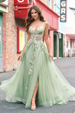 Green A Line Tulle Sequin Applique Corset Long Formal Dress with Slit