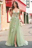 Green A Line Tulle Sequin Applique Corset Long Formal Dress with Slit