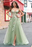 Green A Line Tulle Sequin Applique Corset Long Formal Dress with Slit