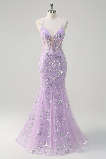Sparkly Lilac Mermaid Sheer Corset Sequin Formal Dress with Lace Up Back