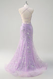 Sparkly Lilac Mermaid Sheer Corset Sequin Formal Dress with Lace Up Back