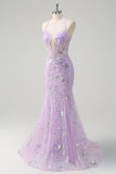 Sparkly Lilac Mermaid Sheer Corset Sequin Formal Dress with Lace Up Back