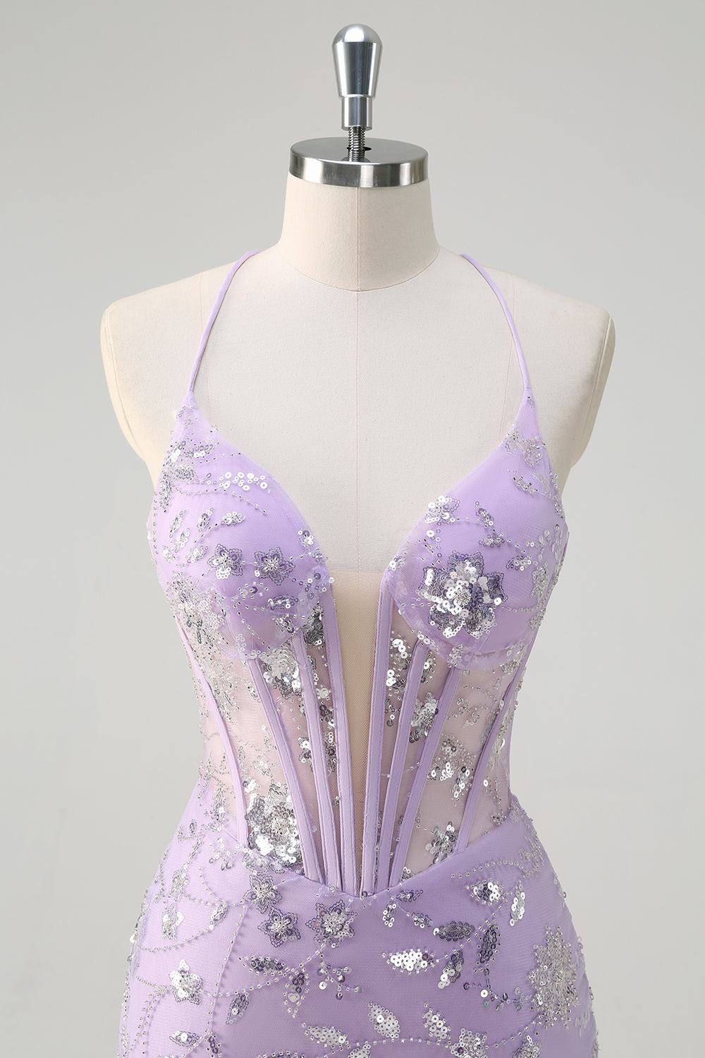 Sparkly Lilac Mermaid Sheer Corset Sequin Formal Dress with Lace Up Back