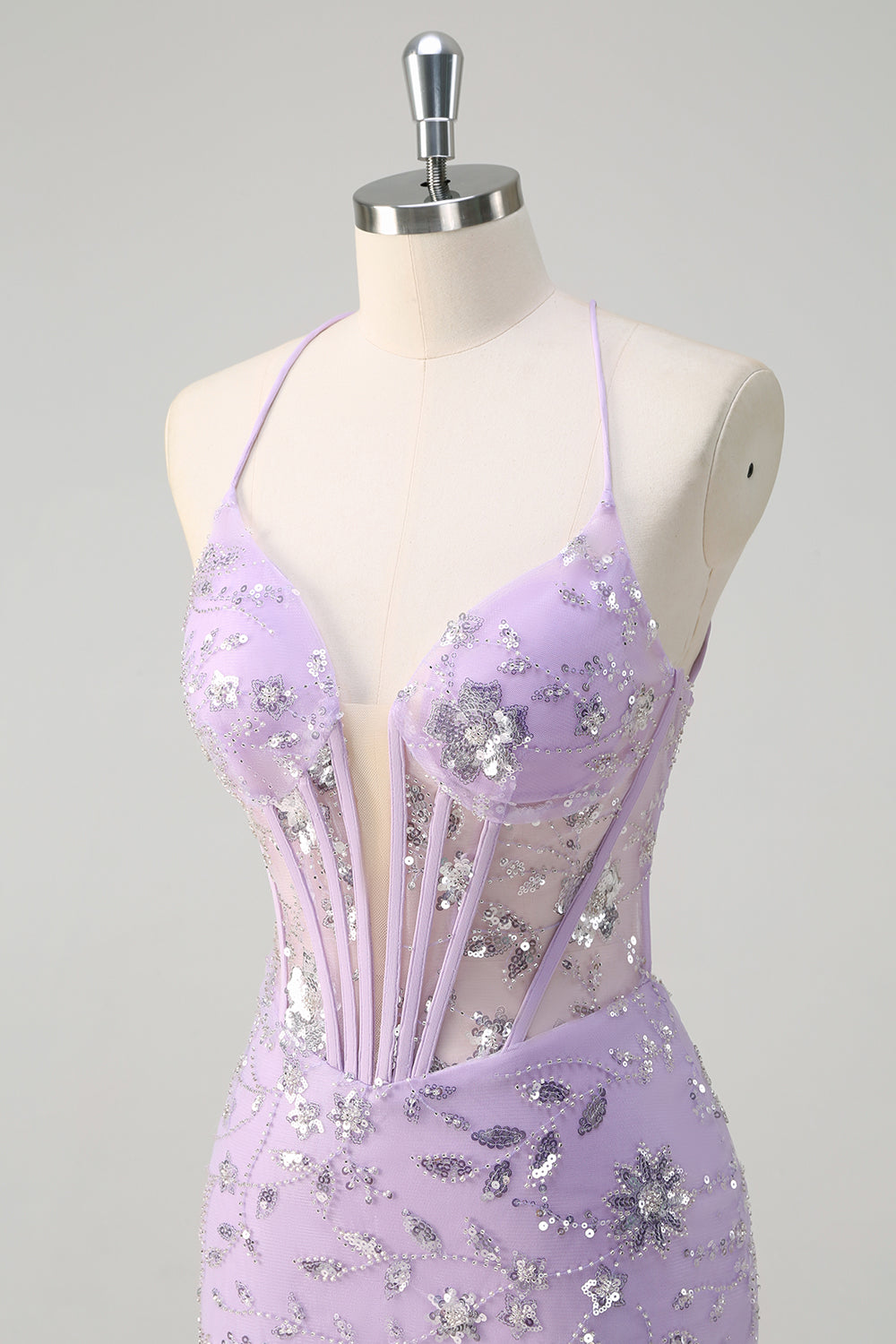 Sparkly Lilac Mermaid Sheer Corset Sequin Formal Dress with Lace Up Back