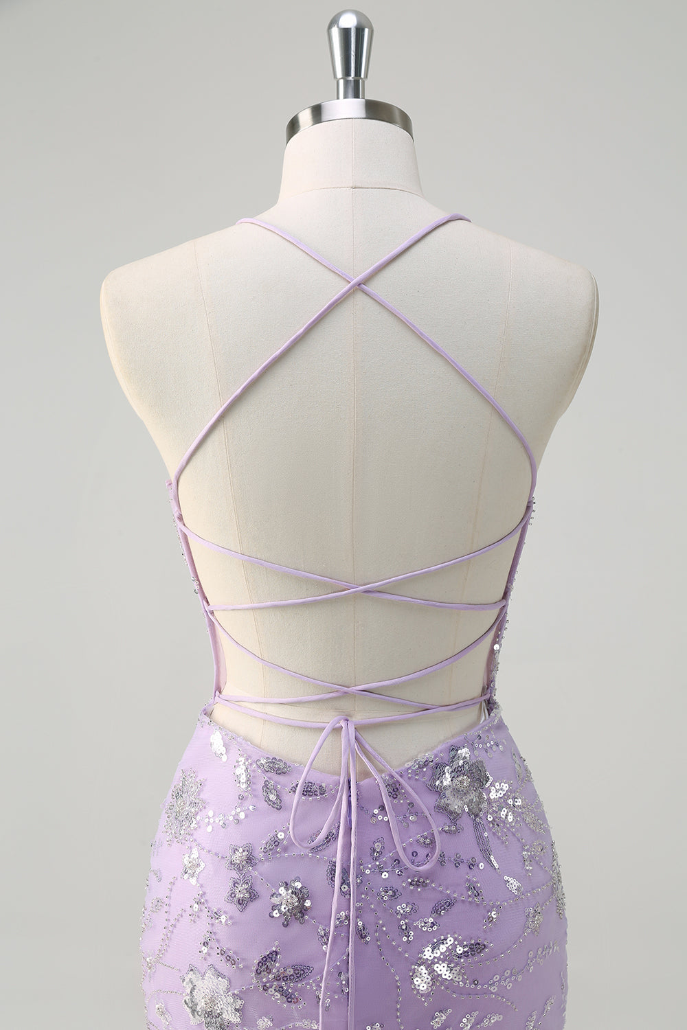Sparkly Lilac Mermaid Sheer Corset Sequin Formal Dress with Lace Up Back