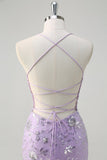 Sparkly Lilac Mermaid Sheer Corset Sequin Formal Dress with Lace Up Back