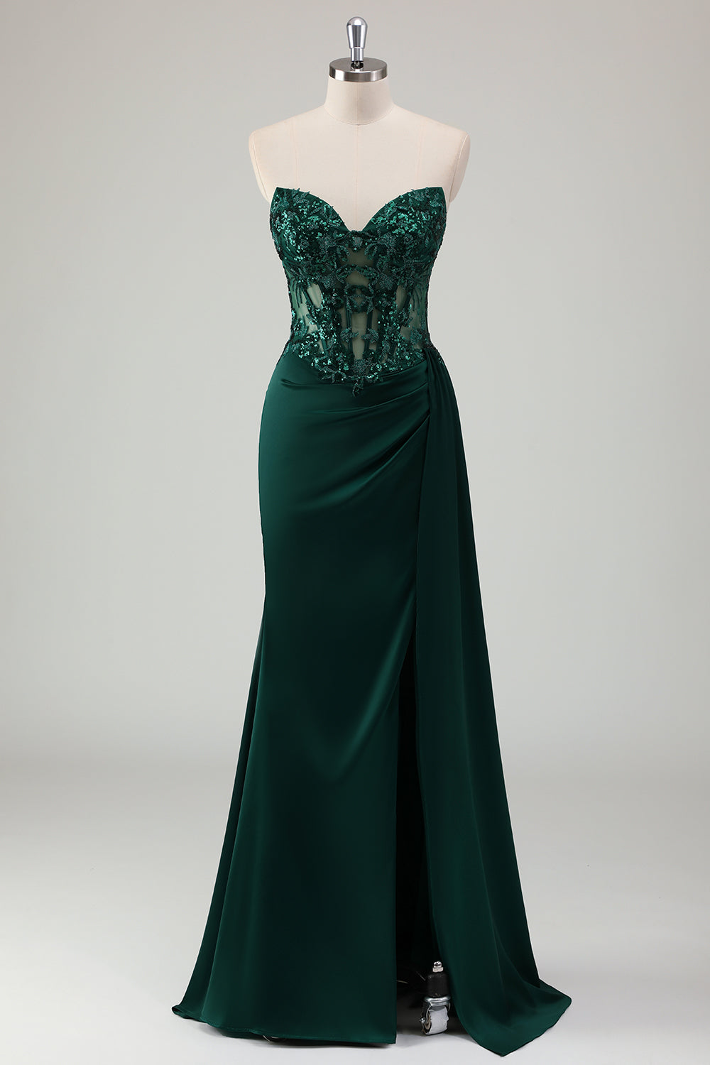 Sparkly Dark Green Mermaid Sweetheart Corset Long Formal Dress with Slit