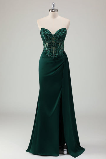 Sparkly Dark Green Mermaid Sweetheart Corset Long Formal Dress with Slit
