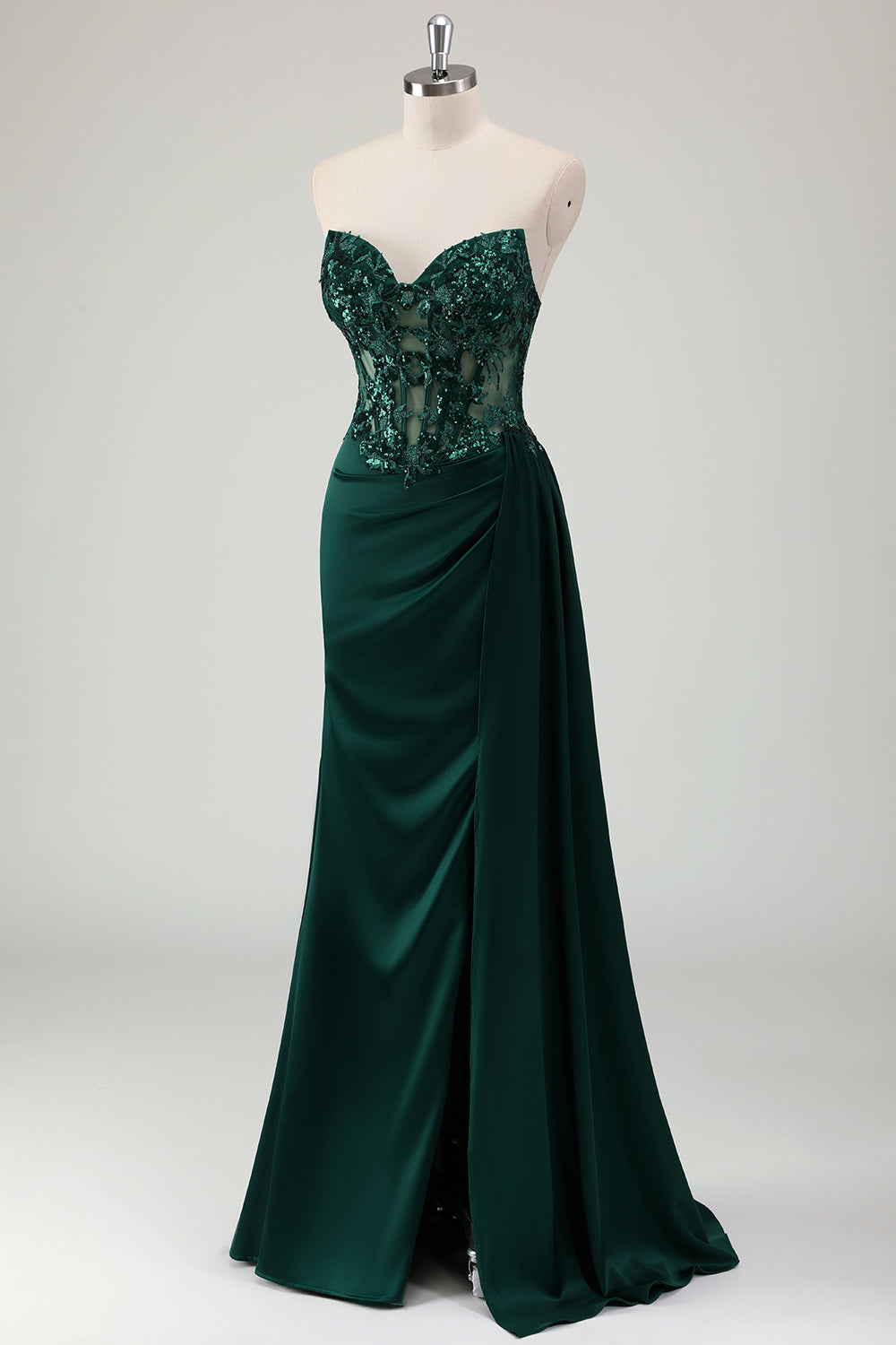 Sparkly Dark Green Mermaid Sweetheart Corset Long Formal Dress with Slit