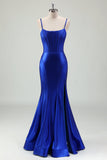 Royal Blue Mermaid Spaghetti Straps Corset Satin Long Formal Dress with Slit