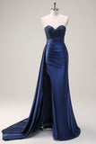 Navy Mermaid Strapless Side Streamer Ruched Corset Long Formal Dress With Slit