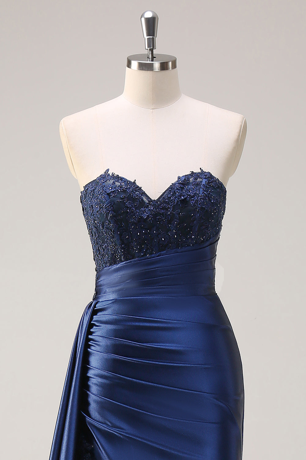 Navy Mermaid Strapless Side Streamer Ruched Corset Long Formal Dress With Slit