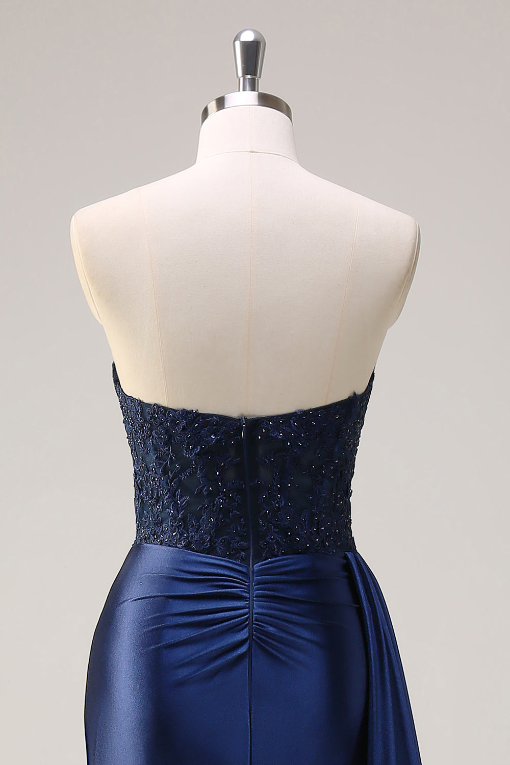 Navy Mermaid Strapless Side Streamer Ruched Corset Long Formal Dress With Slit