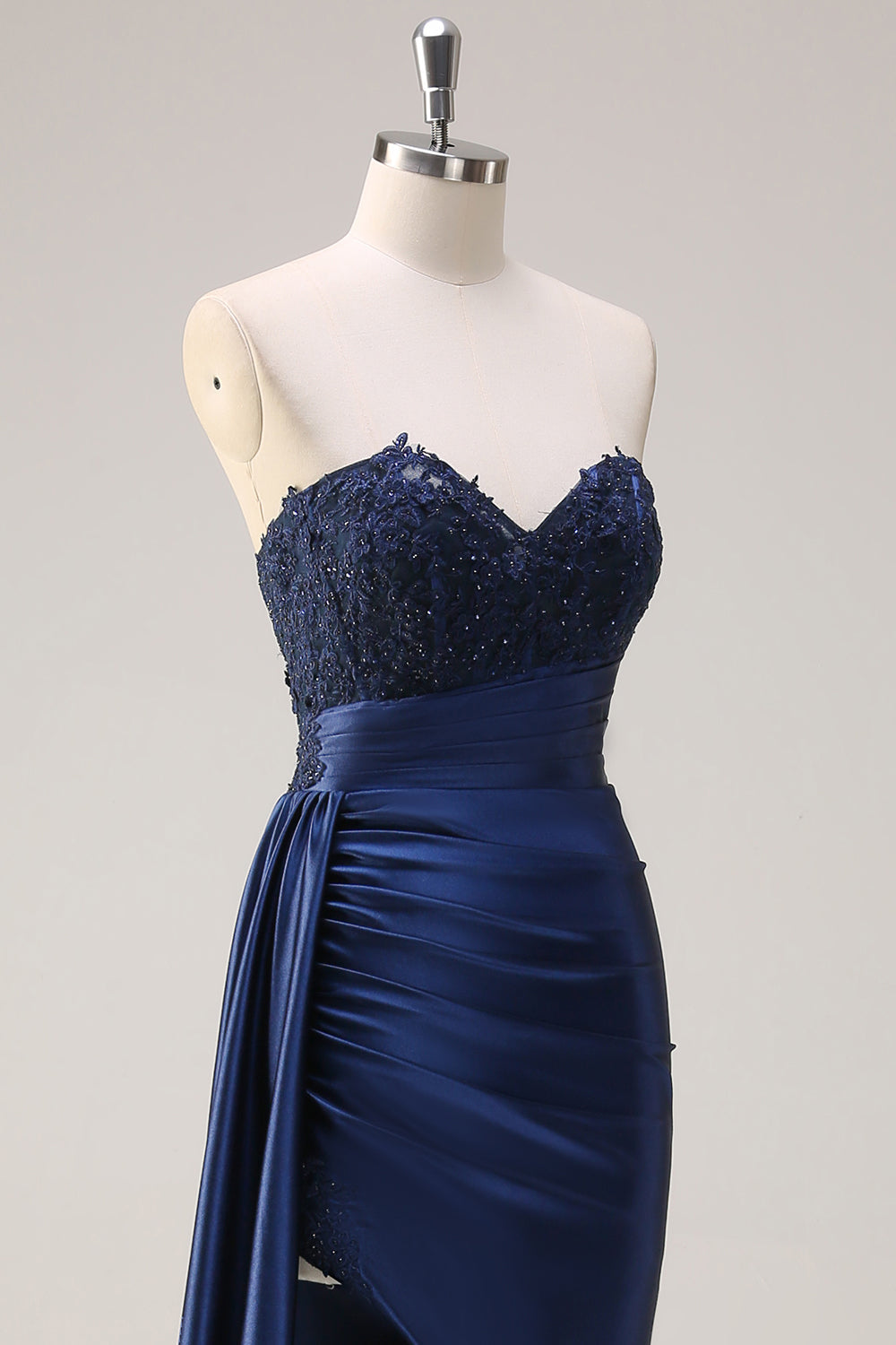 Navy Mermaid Strapless Side Streamer Ruched Corset Long Formal Dress With Slit