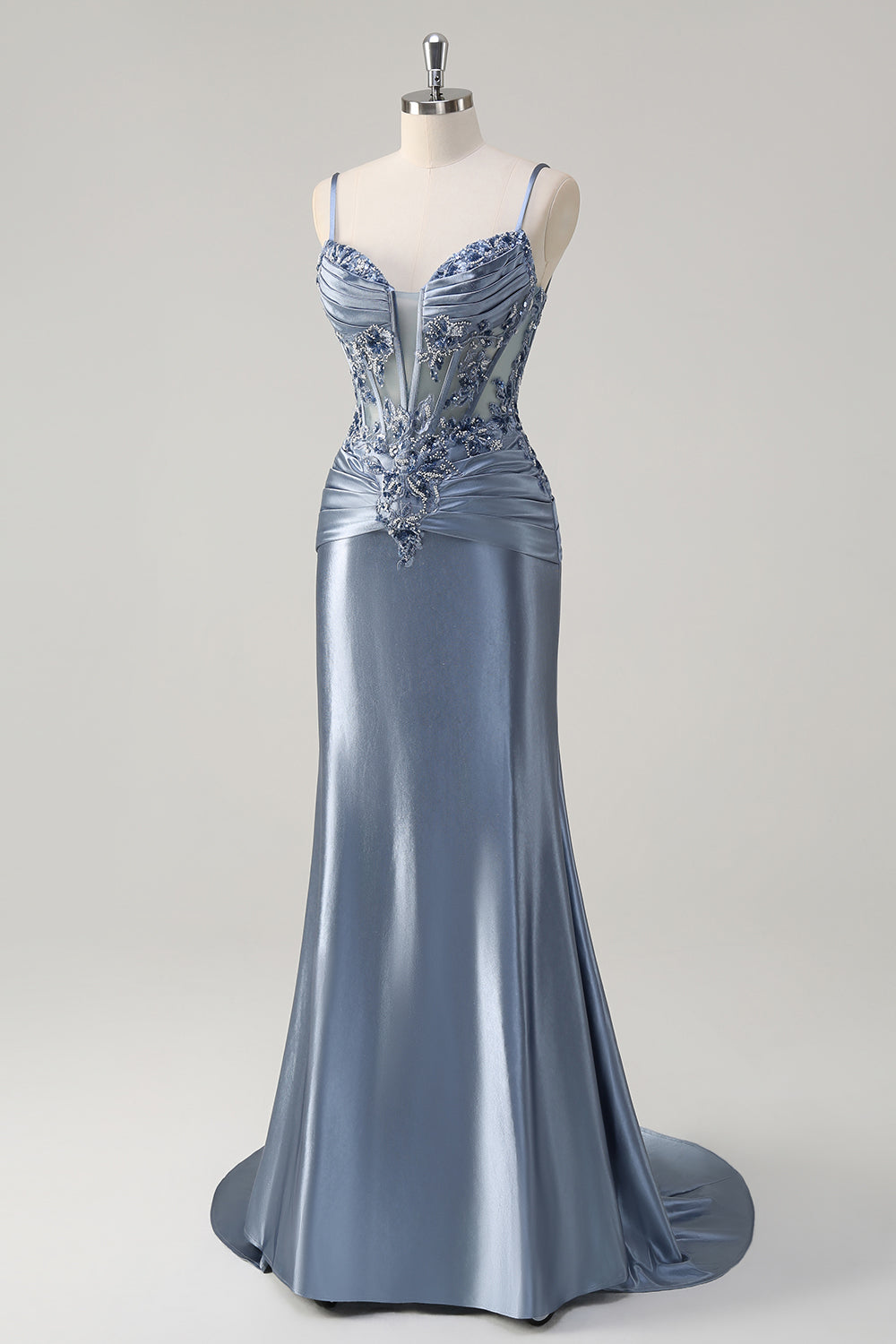 Sparkly Grey Blue Mermaid Spaghetti Straps Corset Appliqued Long Formal Dress