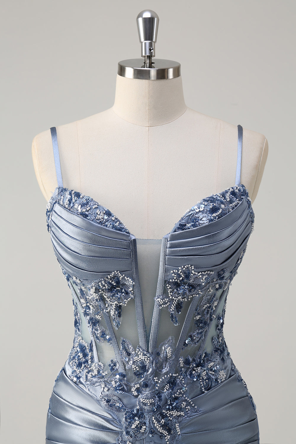 Sparkly Grey Blue Mermaid Spaghetti Straps Corset Appliqued Long Formal Dress