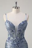 Sparkly Grey Blue Mermaid Spaghetti Straps Corset Appliqued Long Formal Dress