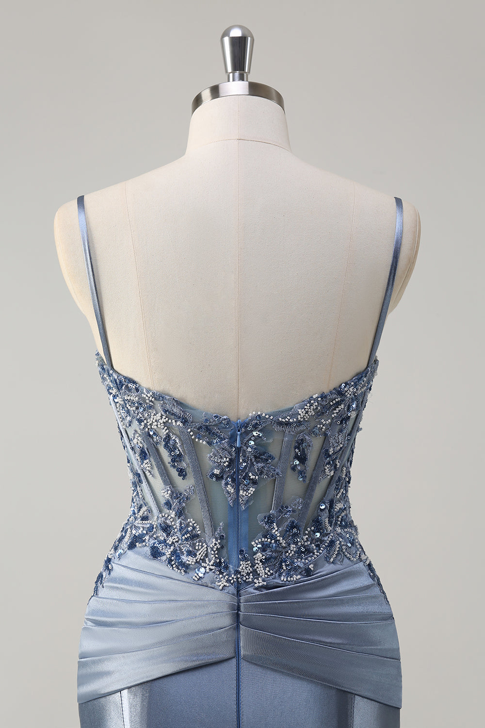 Sparkly Grey Blue Mermaid Spaghetti Straps Corset Appliqued Long Formal Dress