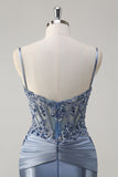 Sparkly Grey Blue Mermaid Spaghetti Straps Corset Appliqued Long Formal Dress