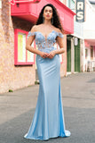 Sky Blue Off The Shoulder Mermaid Corset Floral Long Formal Dress with 3D Flowers