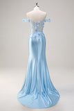 Sky Blue Off The Shoulder Mermaid Corset Floral Long Formal Dress with 3D Flowers