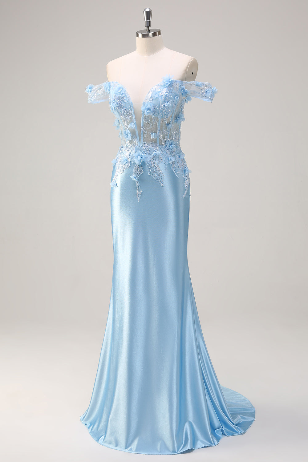 Sky Blue Mermaid Off The Shoulder Corset Floral Long Formal Dress with 3D Flowers