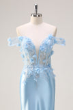 Sky Blue Mermaid Off The Shoulder Corset Floral Long Formal Dress with 3D Flowers