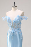 Sky Blue Mermaid Off The Shoulder Corset Floral Long Formal Dress with 3D Flowers