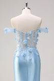 Sky Blue Mermaid Off The Shoulder Corset Floral Long Formal Dress with 3D Flowers