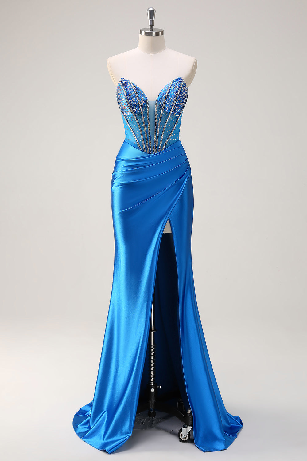 Blue Mermaid Strapless Beaded Corset Formal Dress with Slit