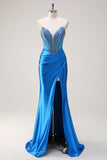 Blue Mermaid Strapless Beaded Corset Formal Dress with Slit