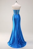 Blue Mermaid Strapless Beaded Corset Formal Dress with Slit