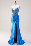 Blue Mermaid Strapless Beaded Corset Formal Dress with Slit