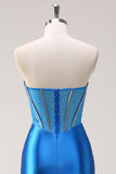 Blue Mermaid Strapless Beaded Corset Formal Dress with Slit