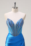 Blue Mermaid Strapless Beaded Corset Formal Dress with Slit