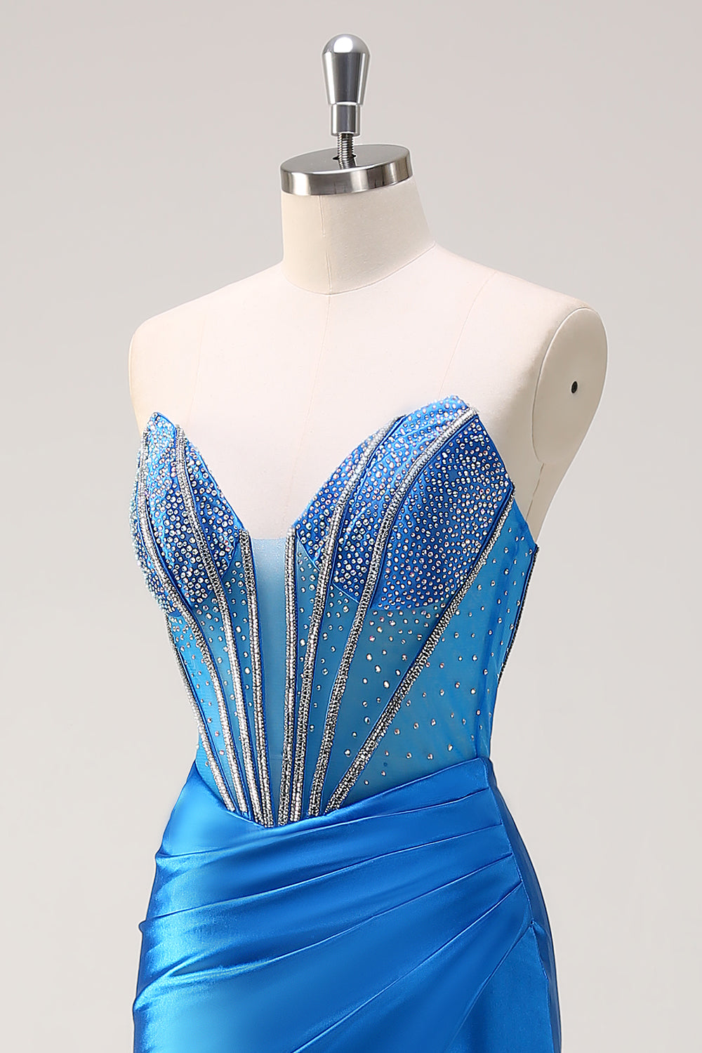 Blue Mermaid Strapless Beaded Corset Formal Dress with Slit