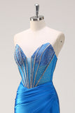 Blue Mermaid Strapless Beaded Corset Formal Dress with Slit