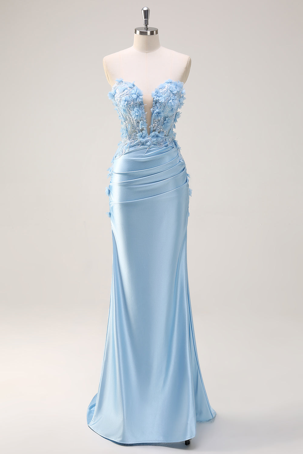 Sky Blue Mermaid Strapless Sequin Formal Dress With Appliques