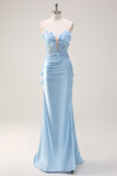 Sky Blue Mermaid Strapless Sequin Formal Dress With Appliques