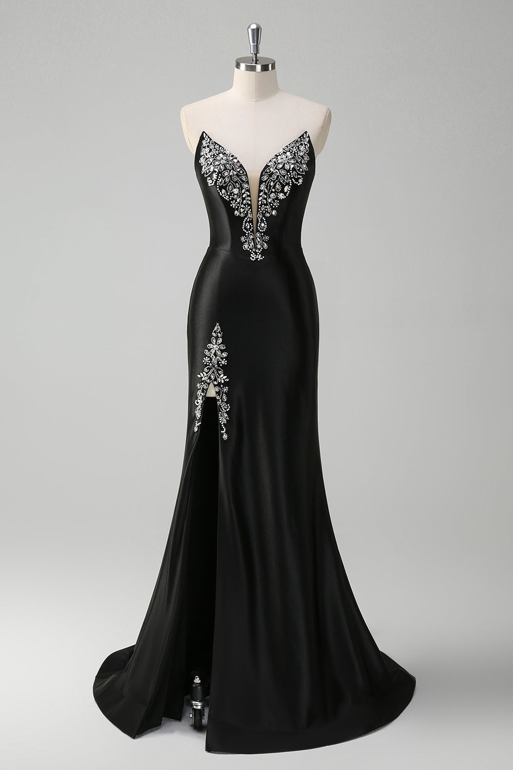 Black Mermaid V Neck Strapless Long Formal Dress with Beading