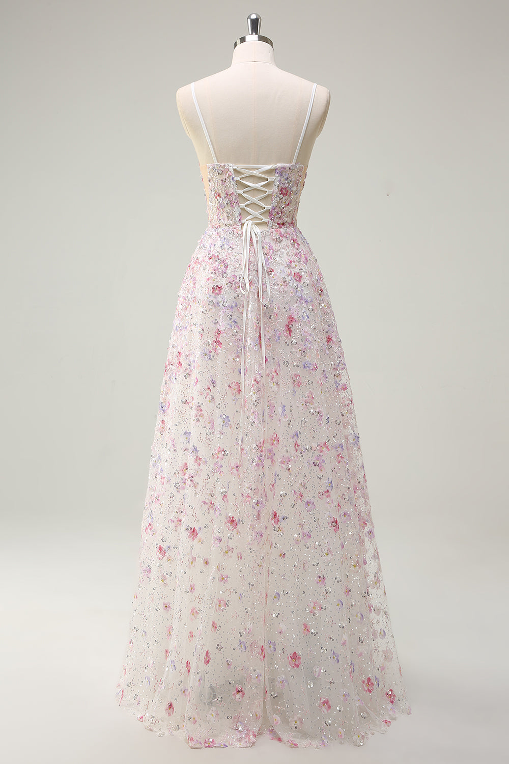 Stylish Pink A Line Spaghetti Straps Floral Beaded Formal Dress with Lace Up Back