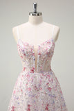Pink A Line Spaghetti Straps Floral Beaded Formal Dress