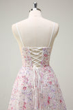 Pink A Line Spaghetti Straps Floral Beaded Formal Dress