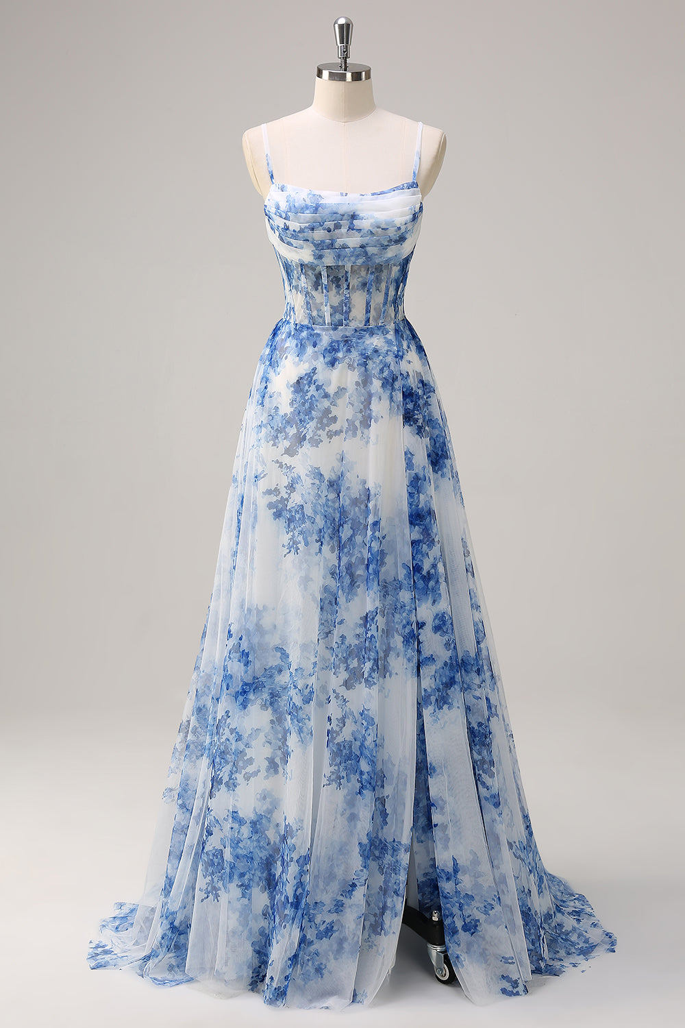 ZAPAKA Women White Blue Flower Tulle Long Corset Formal Dress with Slit Cowl Neck Spaghetti Straps A Line Ruched Wedding Guest Dress
