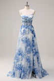 White Blue Flower Spaghetti Straps Ruched Corset Long Formal Dress With Slit