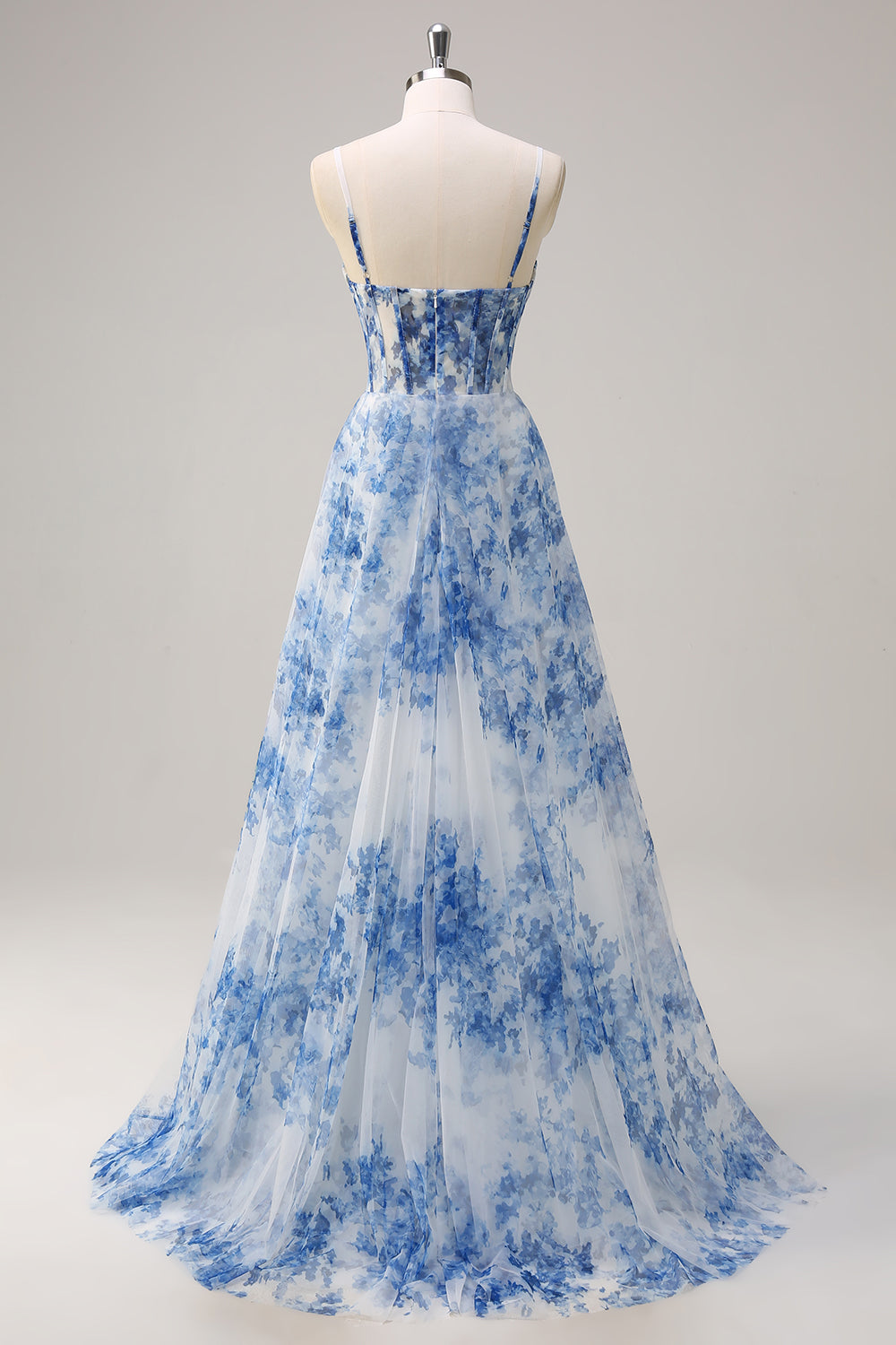 White Blue Flower Spaghetti Straps Ruched Corset Long Formal Dress With Slit