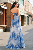White Blue Flower Spaghetti Straps Ruched Corset Long Formal Dress With Slit